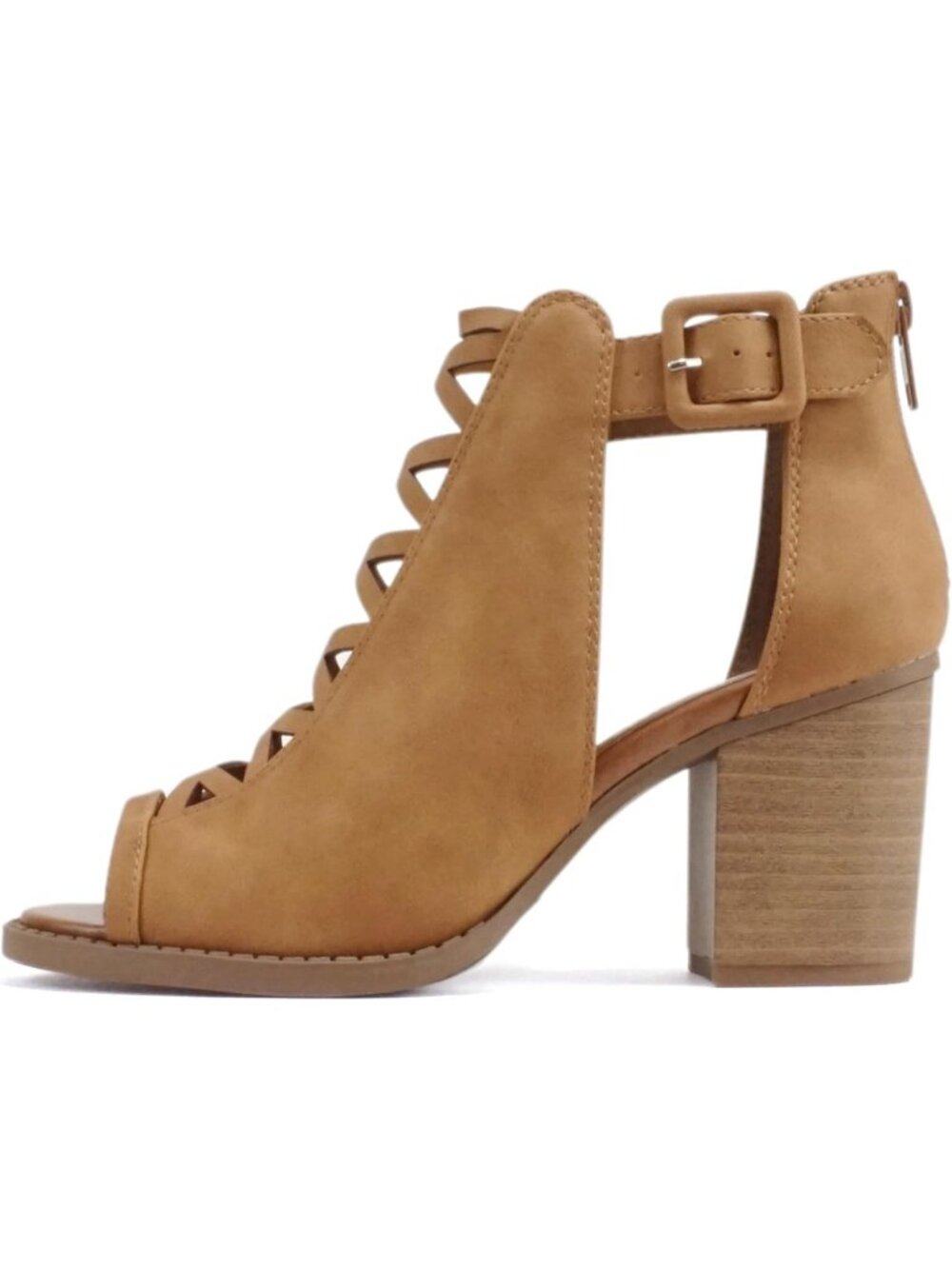 Women's Tan Nubuck Open Toe Crisscross Ankle Strap Back Zipper High Heel Sandals